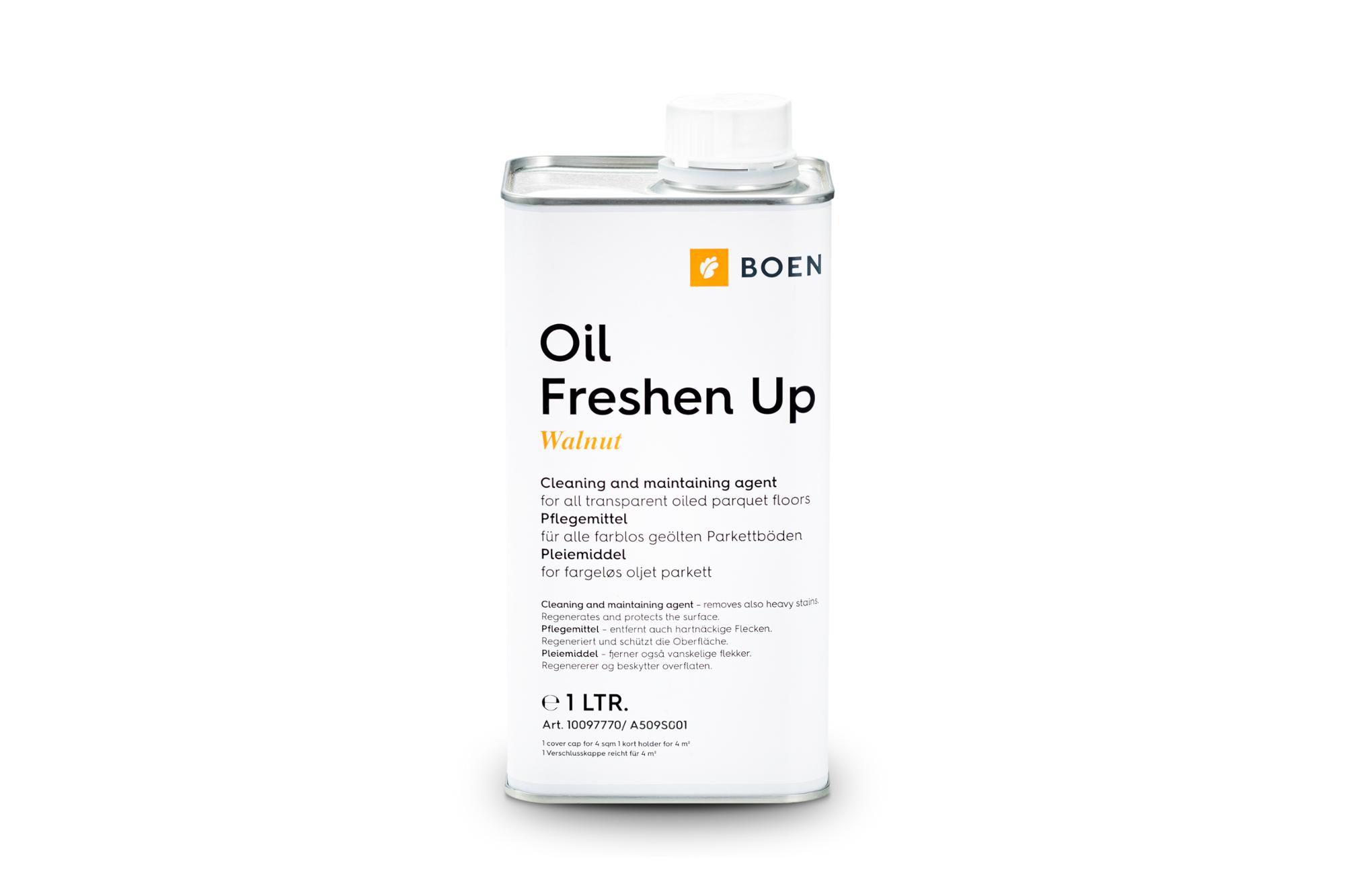 Oil Freshenup for dark oiled

Cleaning and care product for dark oiled floorings.
1 litre unit - usage approx. 80-100m².
Treat the floor from time to time mainly in highly
frequented areas which are often cleaned.